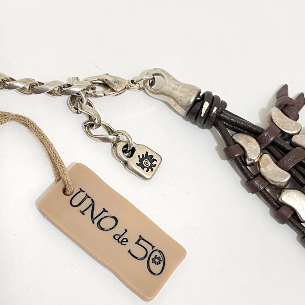 UNO DE 50 ROCK CROCO Braided Leather Fringe BOHO Silver Bezel Statement Necklace - Picture 8 of 11